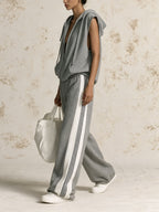 Grey Sleeveless Zip Hoodie & Side Stripe Wide Leg Pants 2 Piece Tracksuit