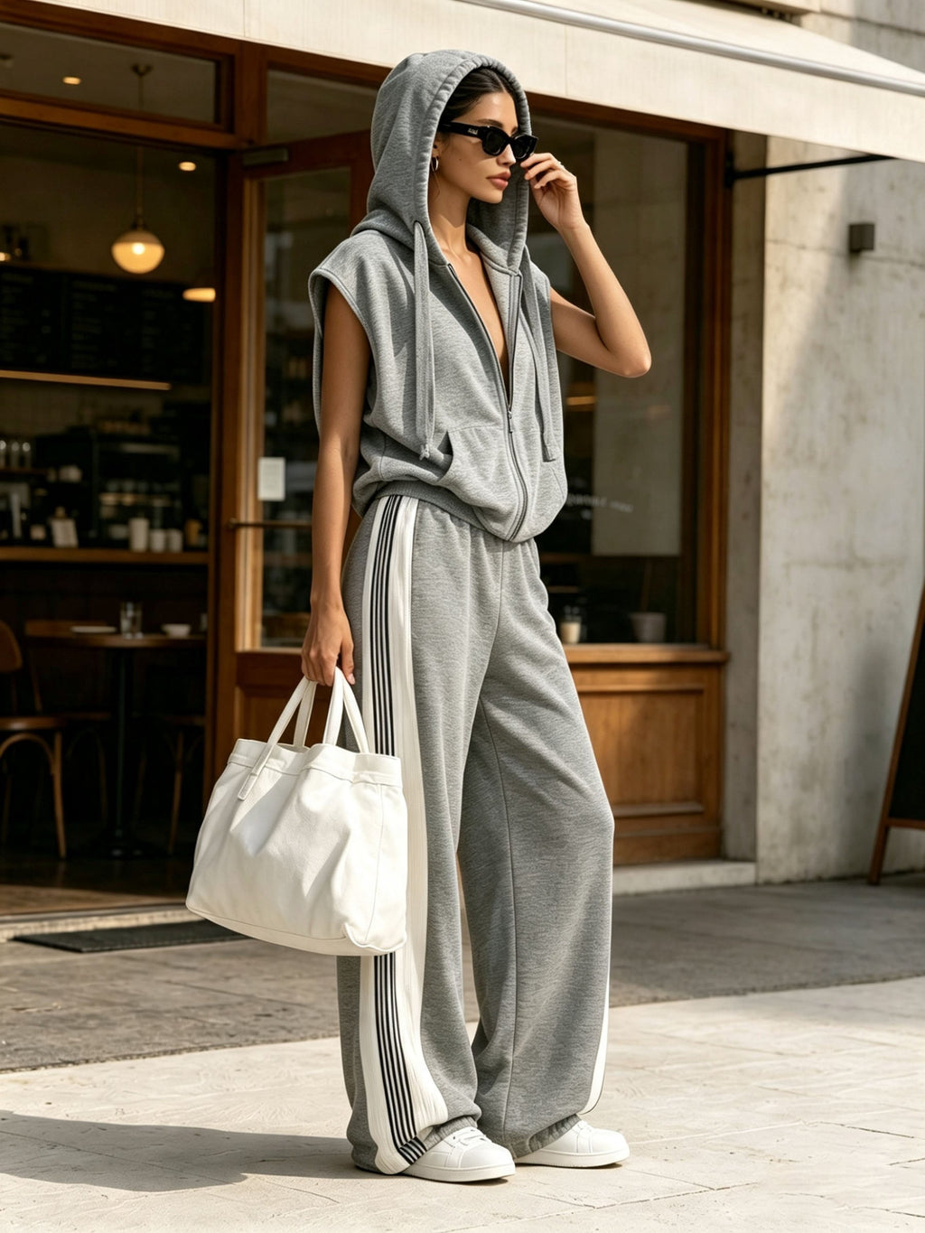 Grey Sleeveless Zip Hoodie & Side Stripe Wide Leg Pants 2 Piece Tracksuit