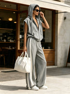 Grey Sleeveless Zip Hoodie & Side Stripe Wide Leg Pants 2 Piece Tracksuit