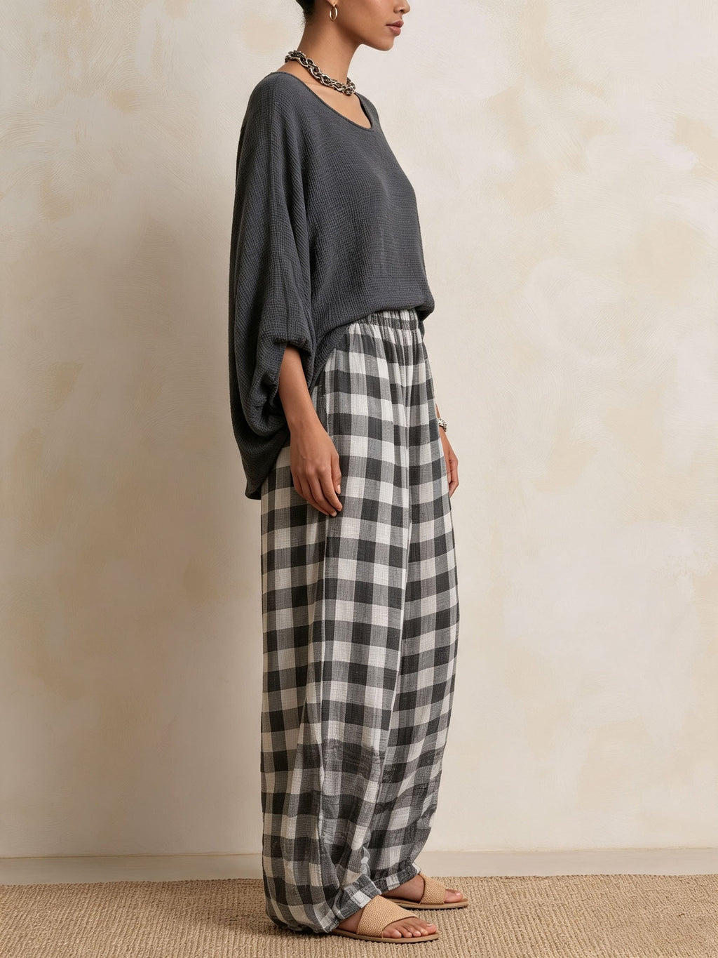 Waffle Knit Top & Gingham Wide Leg Pants 2 Piece Casual Set