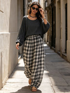 Waffle Knit Top & Gingham Wide Leg Pants 2 Piece Casual Set