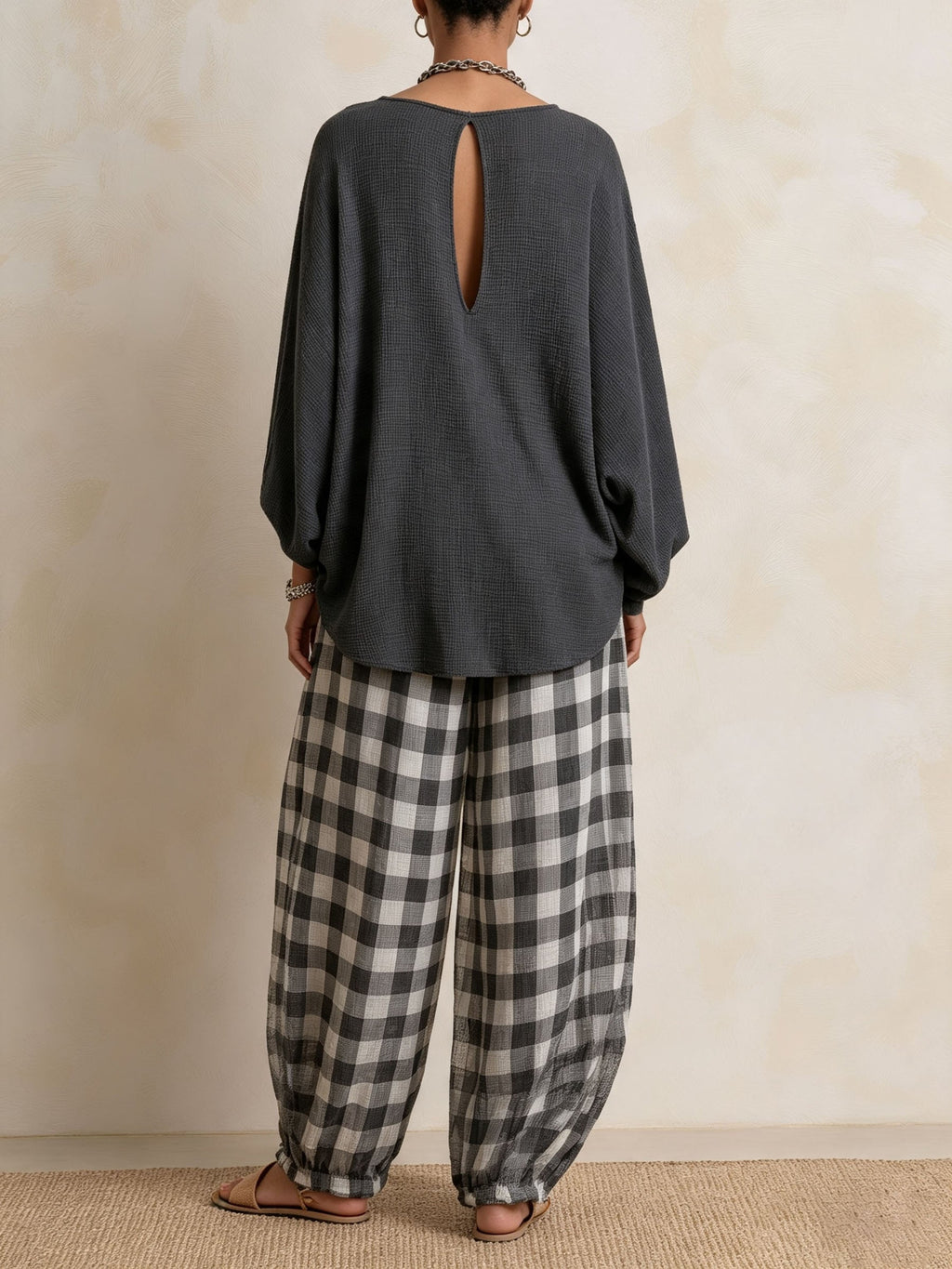 Waffle Knit Top & Gingham Wide Leg Pants 2 Piece Casual Set