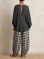 Waffle Knit Top & Gingham Wide Leg Pants 2 Piece Casual Set