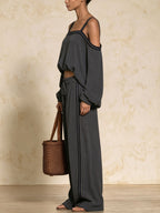 Cold Shoulder Strap Long Sleeve Top & Side Stripe Wide Leg Pants 2 Piece Set