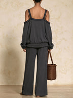 Cold Shoulder Strap Long Sleeve Top & Side Stripe Wide Leg Pants 2 Piece Set