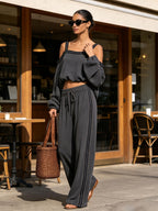 Cold Shoulder Strap Long Sleeve Top & Side Stripe Wide Leg Pants 2 Piece Set
