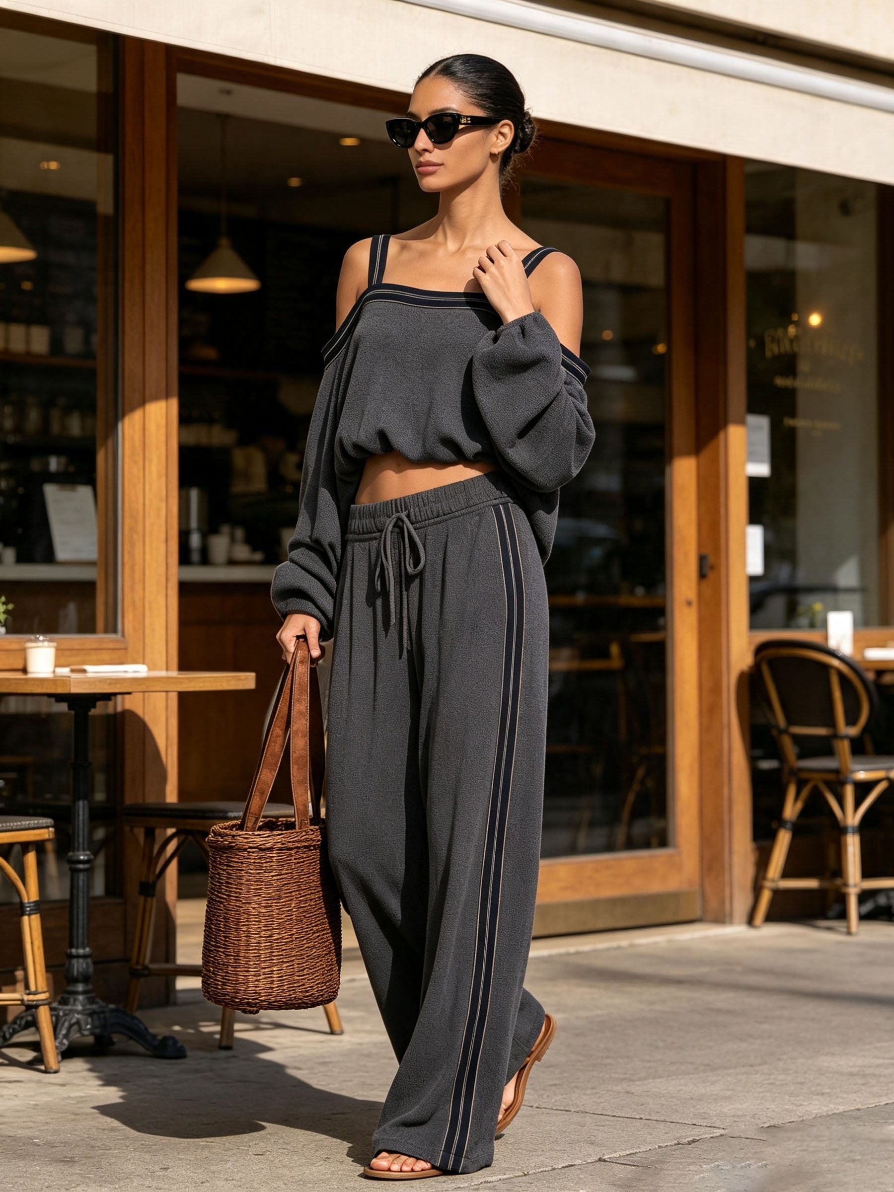 Cold Shoulder Strap Long Sleeve Top & Side Stripe Wide Leg Pants 2 Piece Set