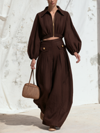 Chocolate Linen Blend Two Piece Set, Zip Front Balloon Sleeve Crop Top & High Waist Pleated Wide Leg Pants Outfit