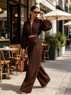 Chocolate Linen Blend Two Piece Set, Zip Front Balloon Sleeve Crop Top & High Waist Pleated Wide Leg Pants Outfit
