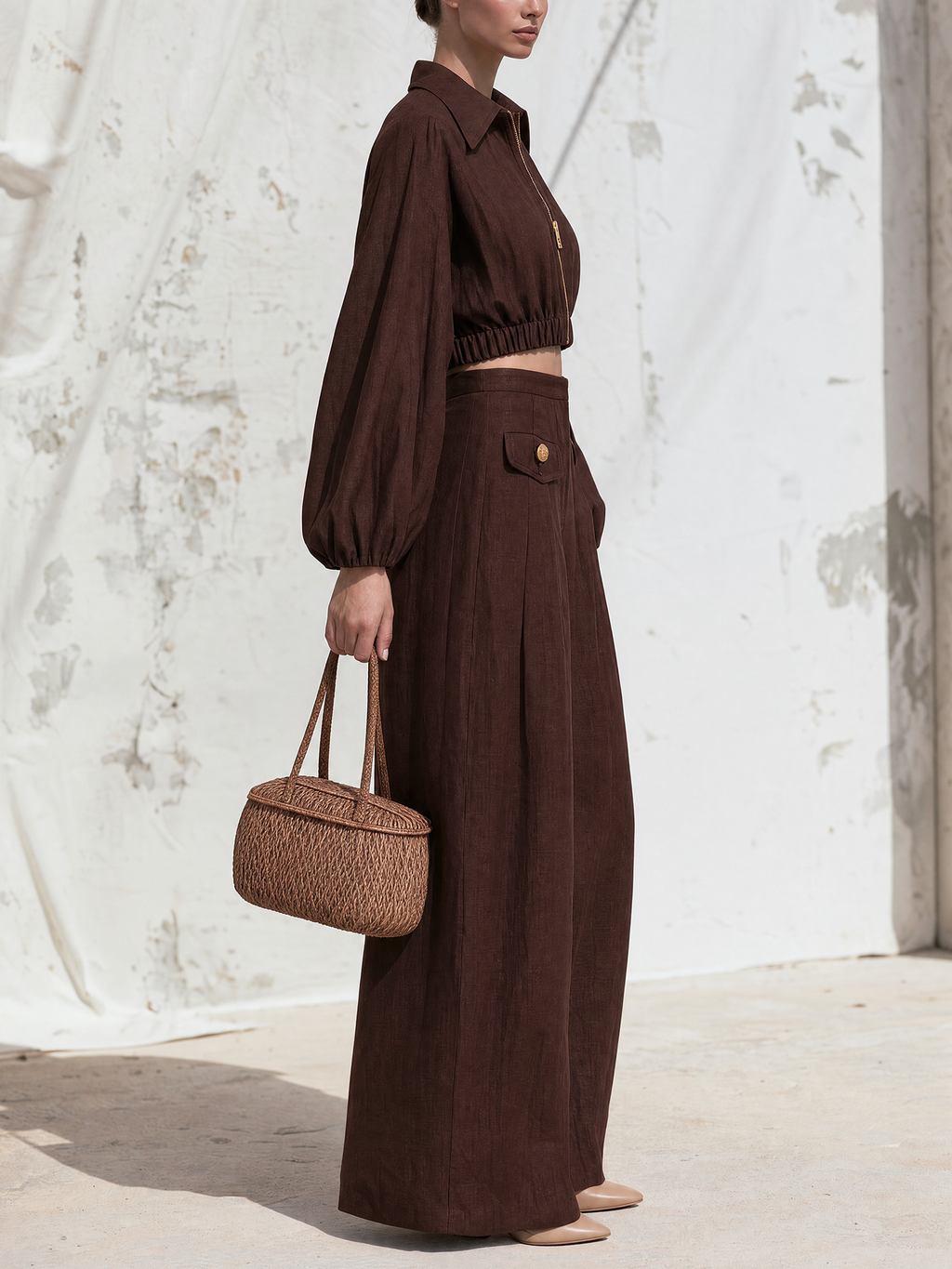 Chocolate Linen Blend Two Piece Set, Zip Front Balloon Sleeve Crop Top & High Waist Pleated Wide Leg Pants Outfit