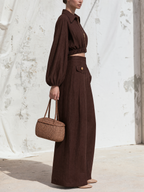 Chocolate Linen Blend Two Piece Set, Zip Front Balloon Sleeve Crop Top & High Waist Pleated Wide Leg Pants Outfit