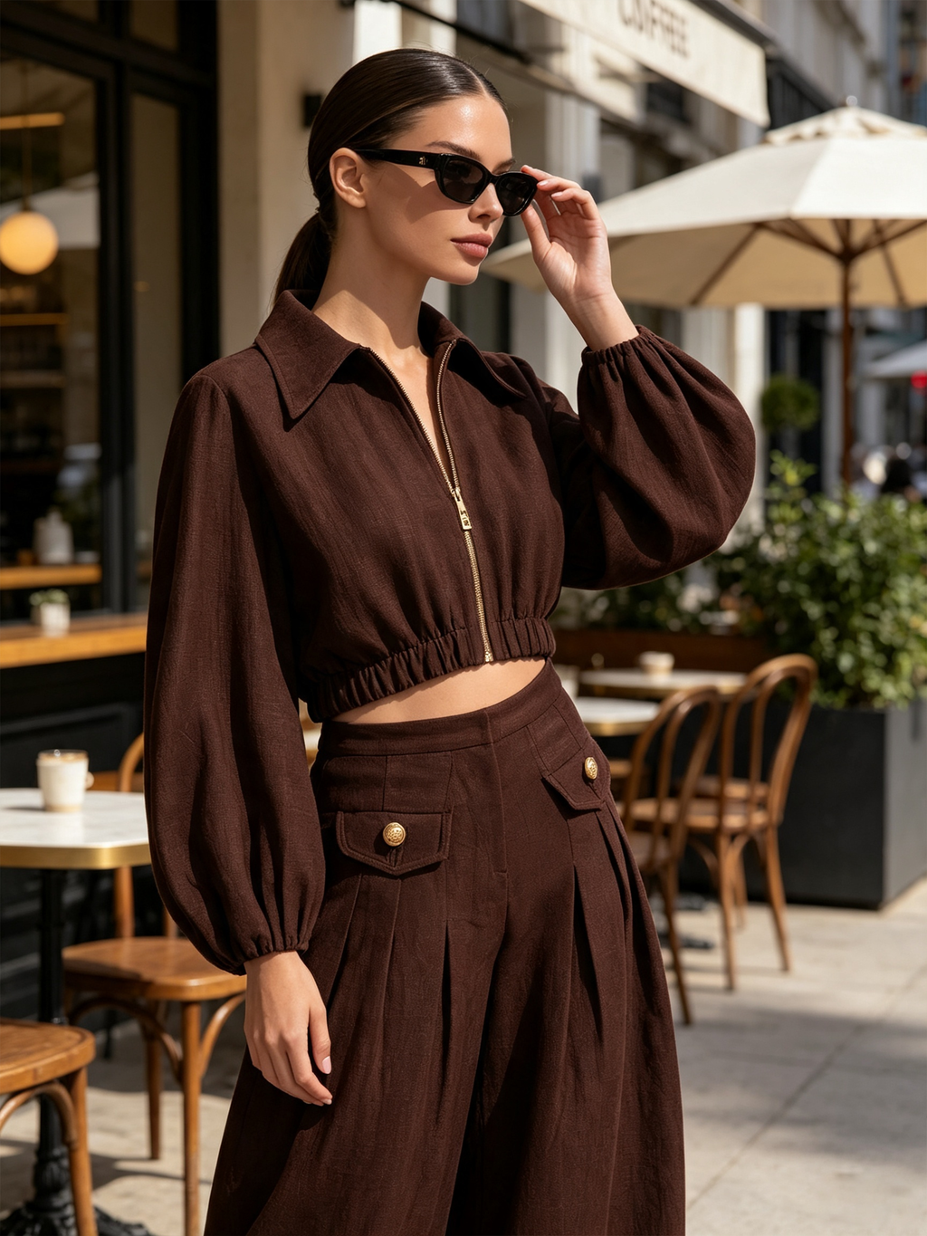 Chocolate Linen Blend Two Piece Set, Zip Front Balloon Sleeve Crop Top & High Waist Pleated Wide Leg Pants Outfit