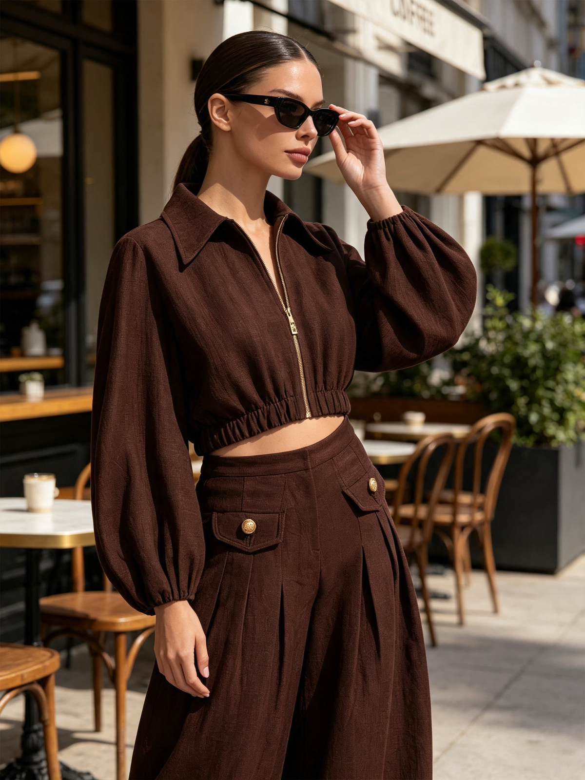 Chocolate Linen Blend Two Piece Set, Zip Front Balloon Sleeve Crop Top & High Waist Pleated Wide Leg Pants Outfit