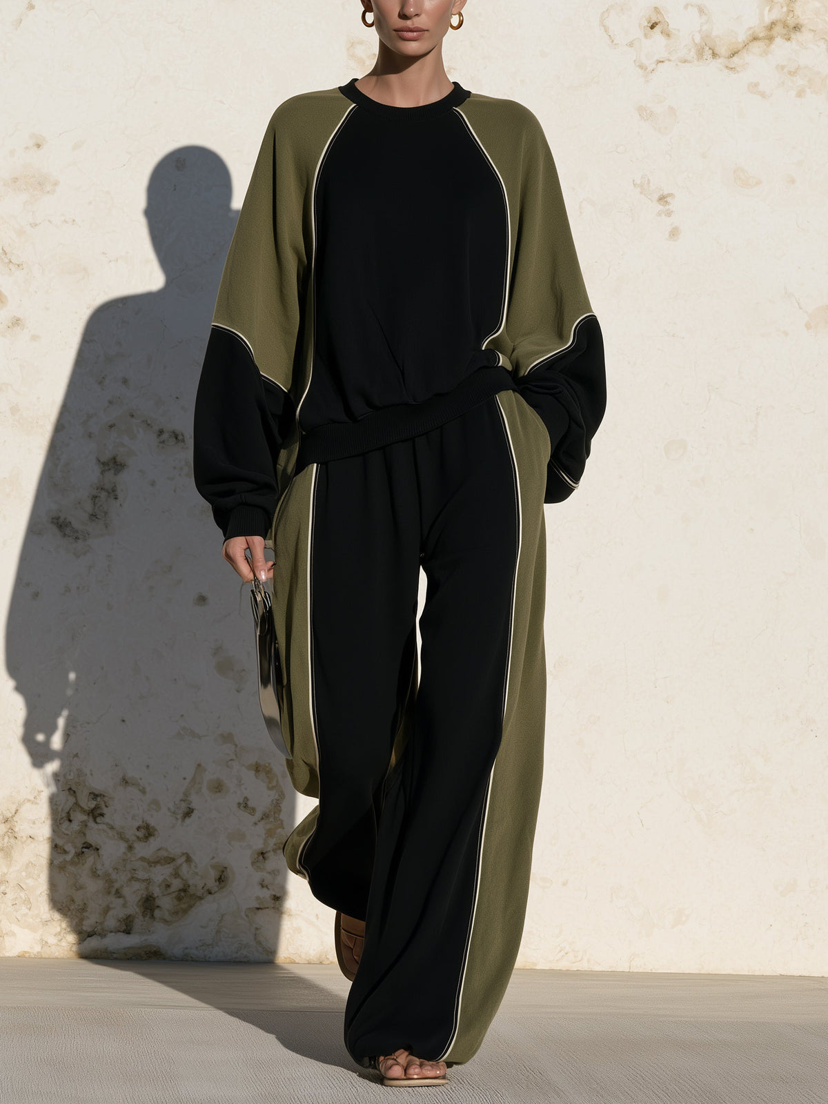 Contrast Color Two-Piece Set – Oversized Sweatshirt & Wide Leg Pants Lounge Suit