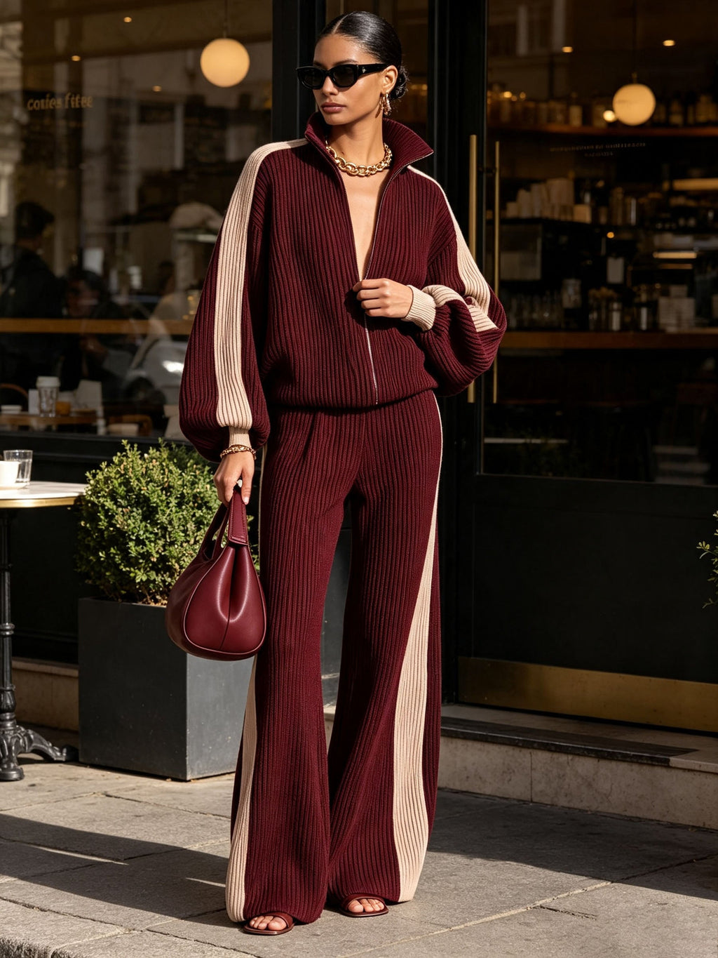 Burgundy Color Block Ribbed Knit Zip Jacket & Wide Leg Pants 2 Piece Set