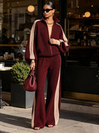 Burgundy Color Block Ribbed Knit Zip Jacket & Wide Leg Pants 2 Piece Set