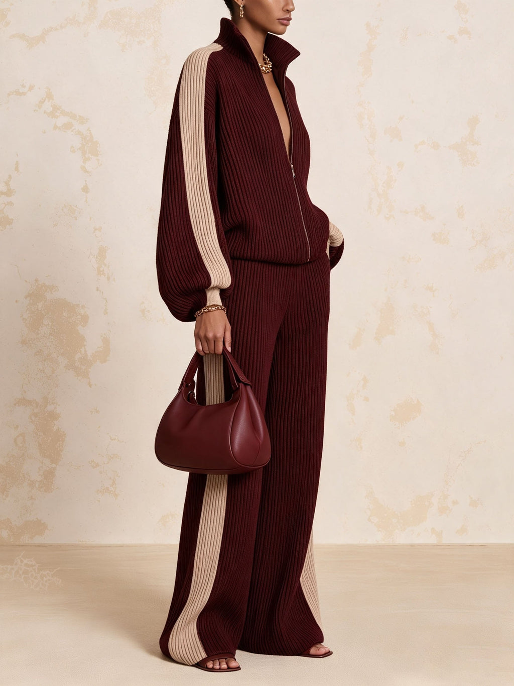 Burgundy Color Block Ribbed Knit Zip Jacket & Wide Leg Pants 2 Piece Set