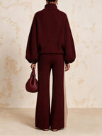 Burgundy Color Block Ribbed Knit Zip Jacket & Wide Leg Pants 2 Piece Set