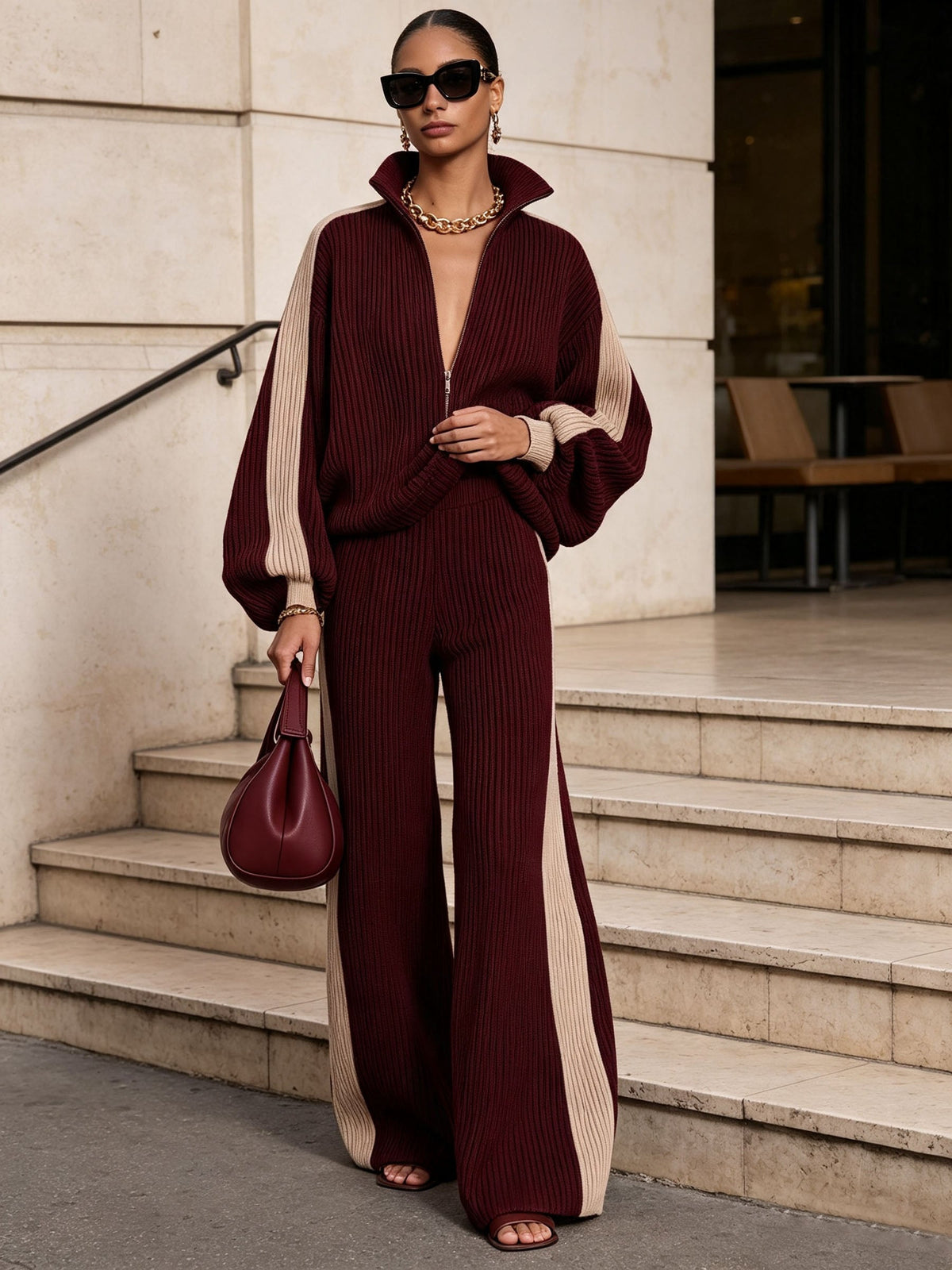 Burgundy Color Block Ribbed Knit Zip Jacket & Wide Leg Pants 2 Piece Set
