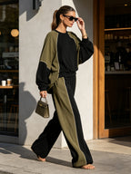 Contrast Color Two-Piece Set – Oversized Sweatshirt & Wide Leg Pants Lounge Suit