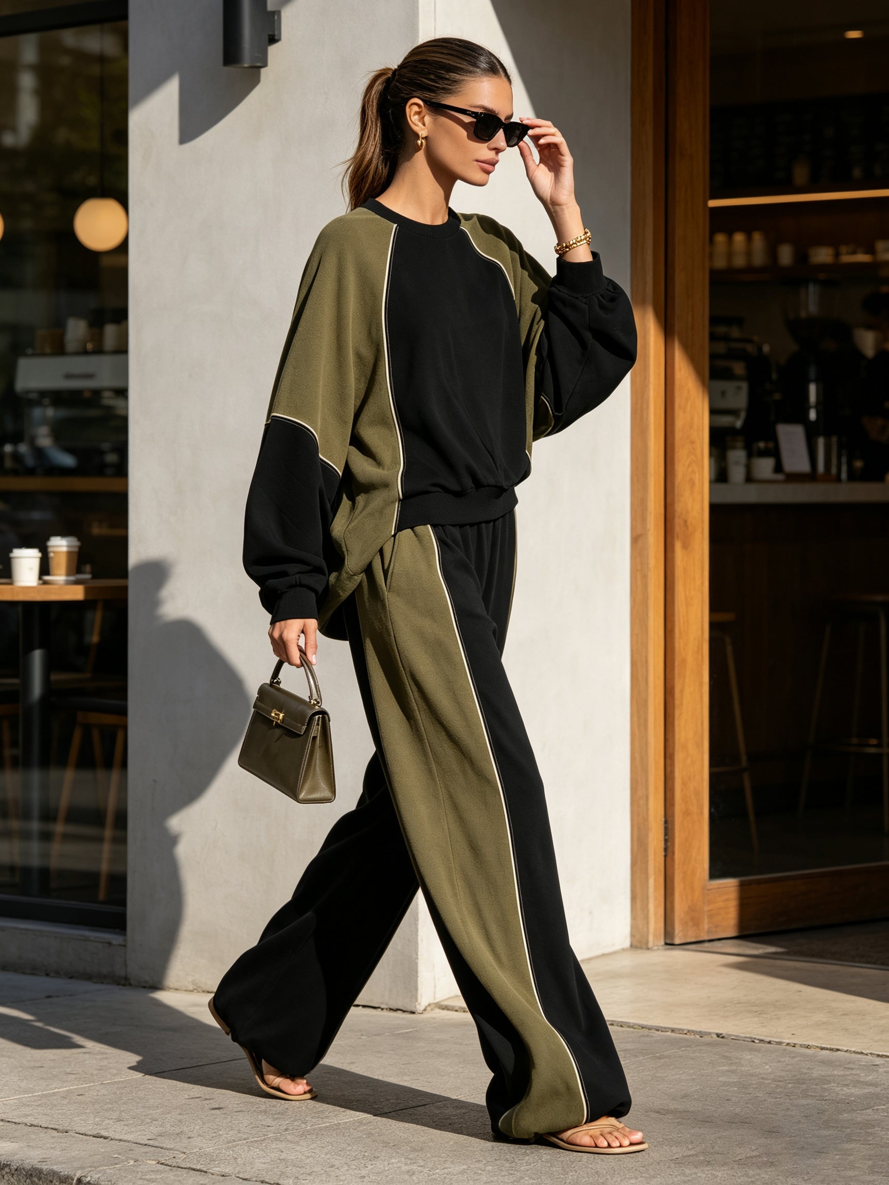 Contrast Color Two-Piece Set – Oversized Sweatshirt & Wide Leg Pants Lounge Suit