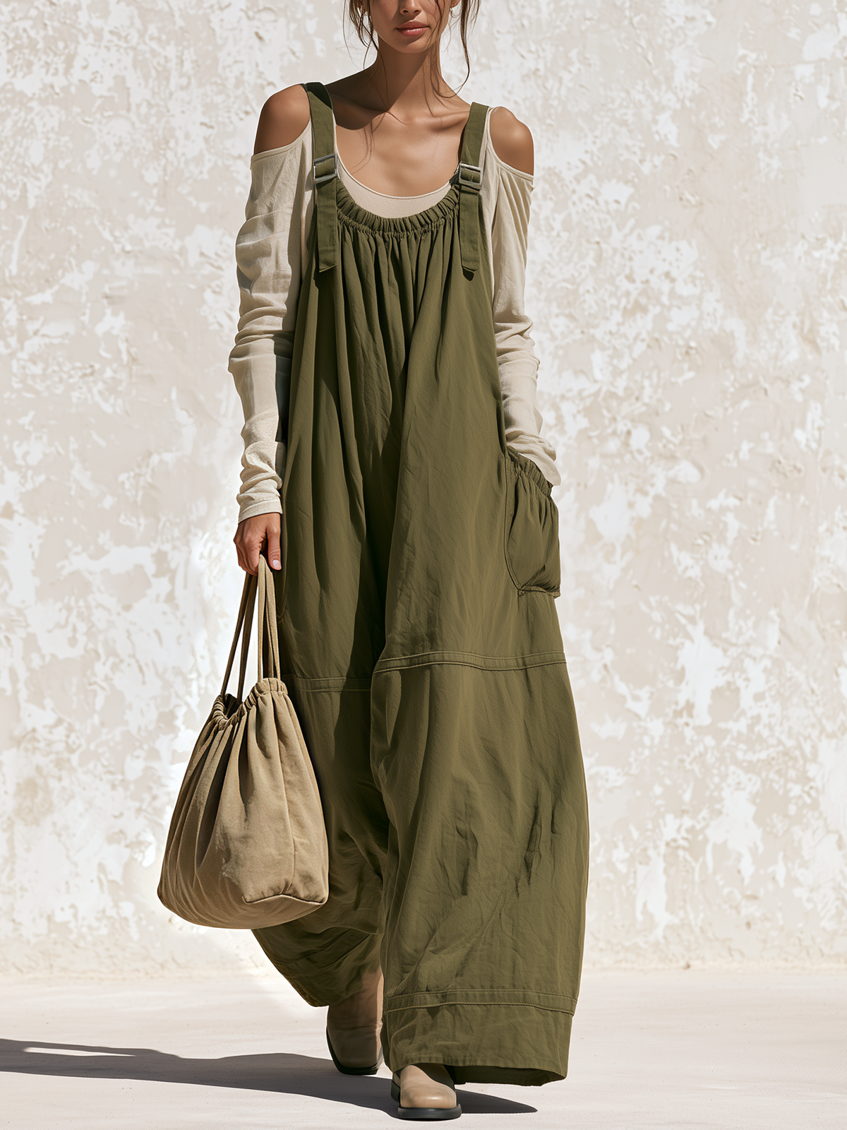 Olive Adjustable Strap Loose Wide‑Leg Overall Jumpsuit (Top Not Included)