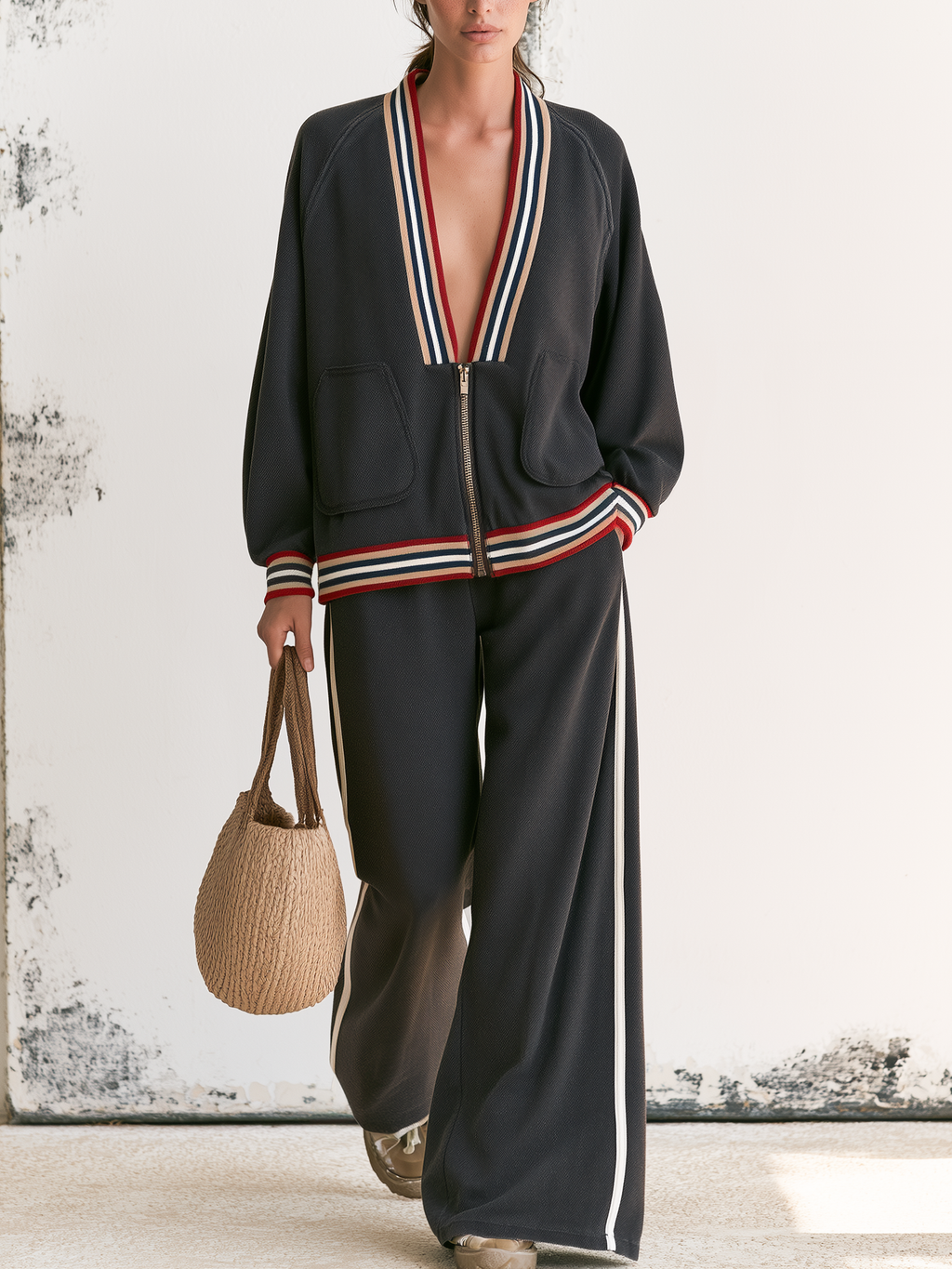 Striped Trim Zip Up Jacket & Side Stripe Wide Leg Pants Two Piece Tracksuit