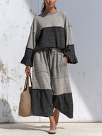 Grey Color Block Raw Edge Loungewear Set, Loose Ruffle Sleeve Top & Wide Leg Pants Two Piece Outfit