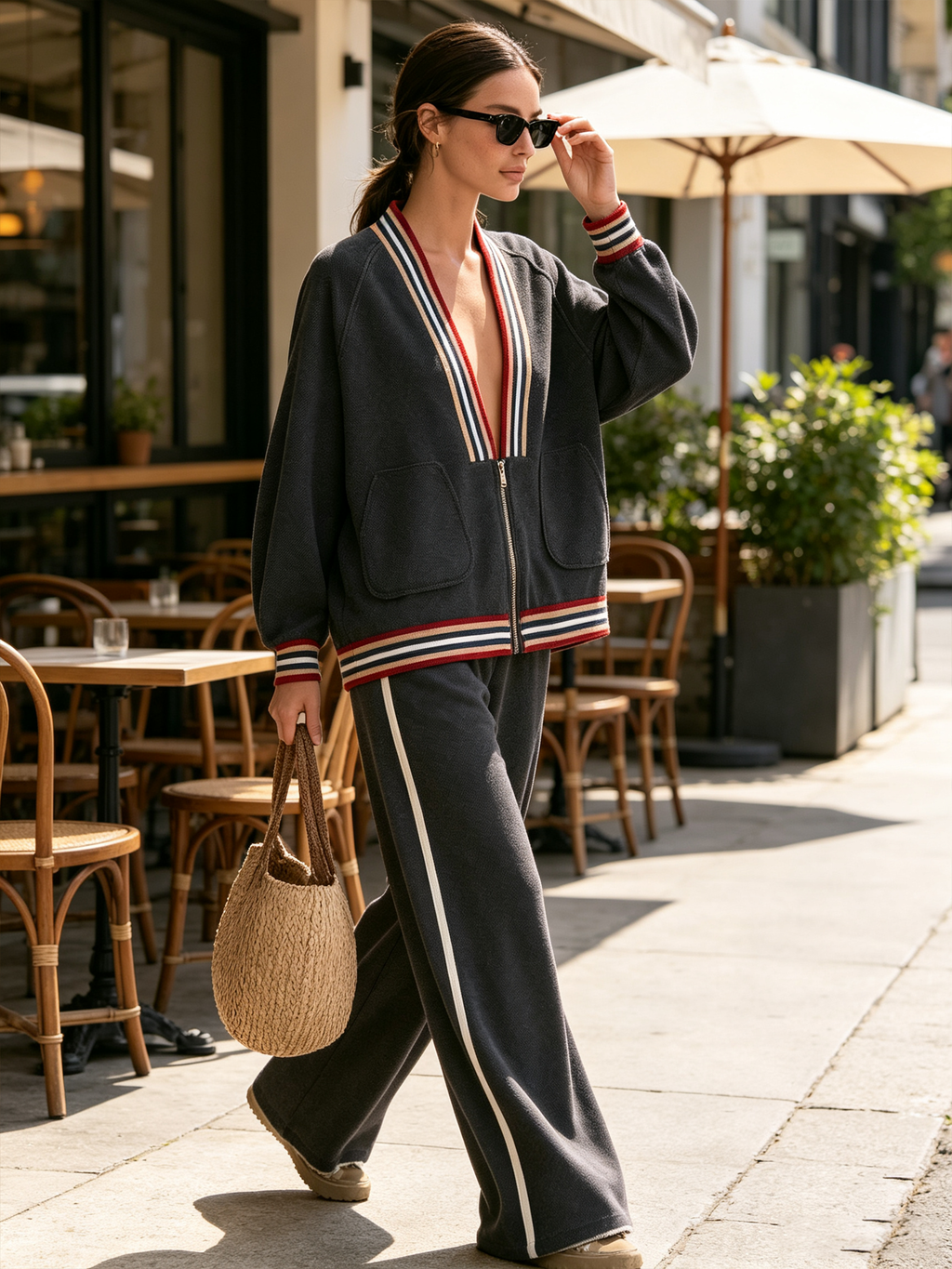 Striped Trim Zip Up Jacket & Side Stripe Wide Leg Pants Two Piece Tracksuit