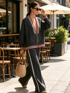 Striped Trim Zip Up Jacket & Side Stripe Wide Leg Pants Two Piece Tracksuit