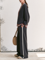 Striped Trim Zip Up Jacket & Side Stripe Wide Leg Pants Two Piece Tracksuit