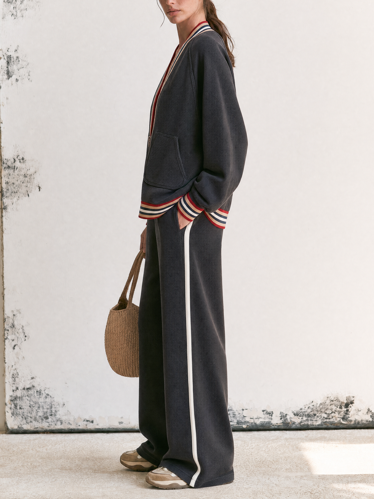 Striped Trim Zip Up Jacket & Side Stripe Wide Leg Pants Two Piece Tracksuit