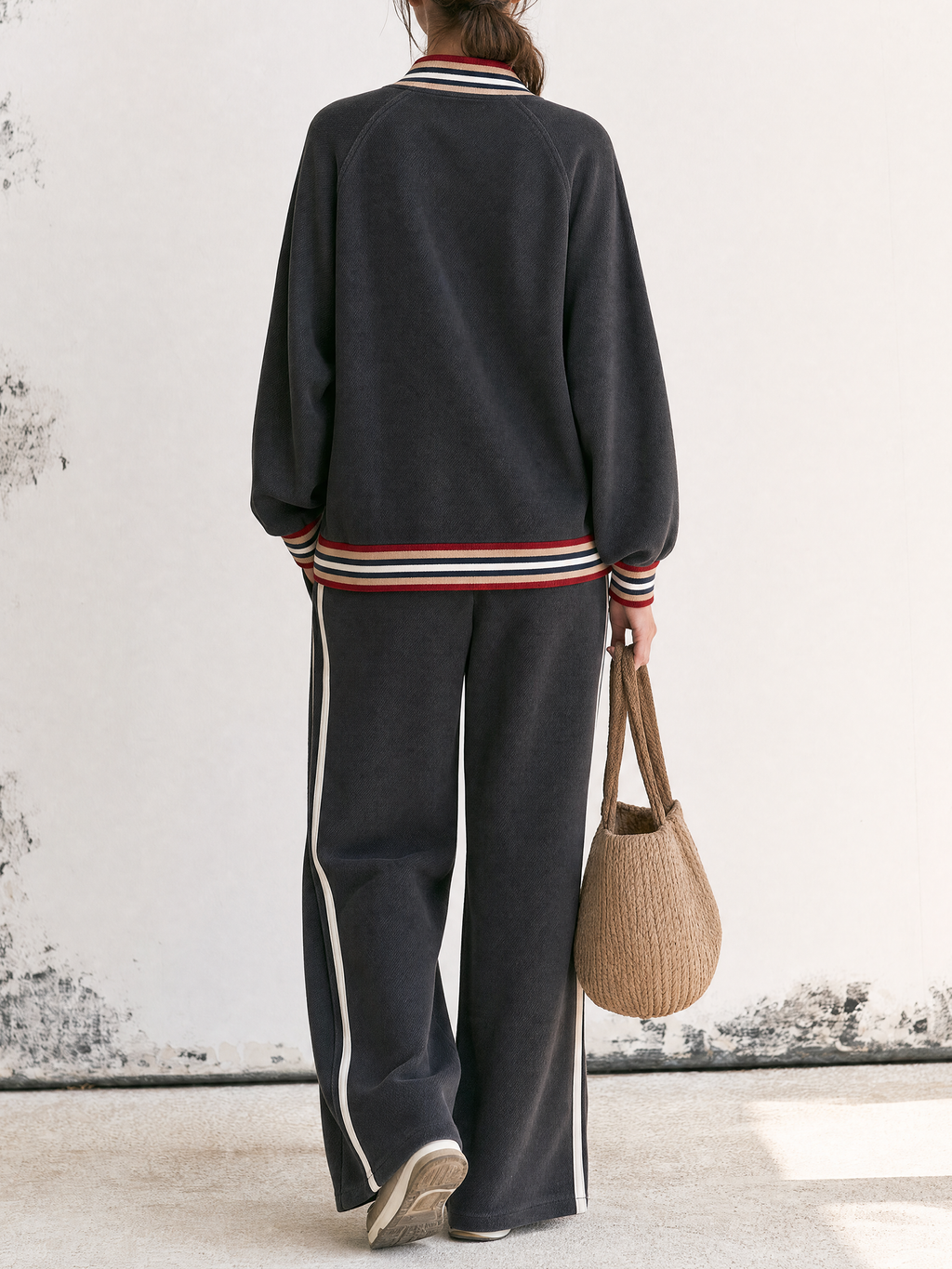 Striped Trim Zip Up Jacket & Side Stripe Wide Leg Pants Two Piece Tracksuit