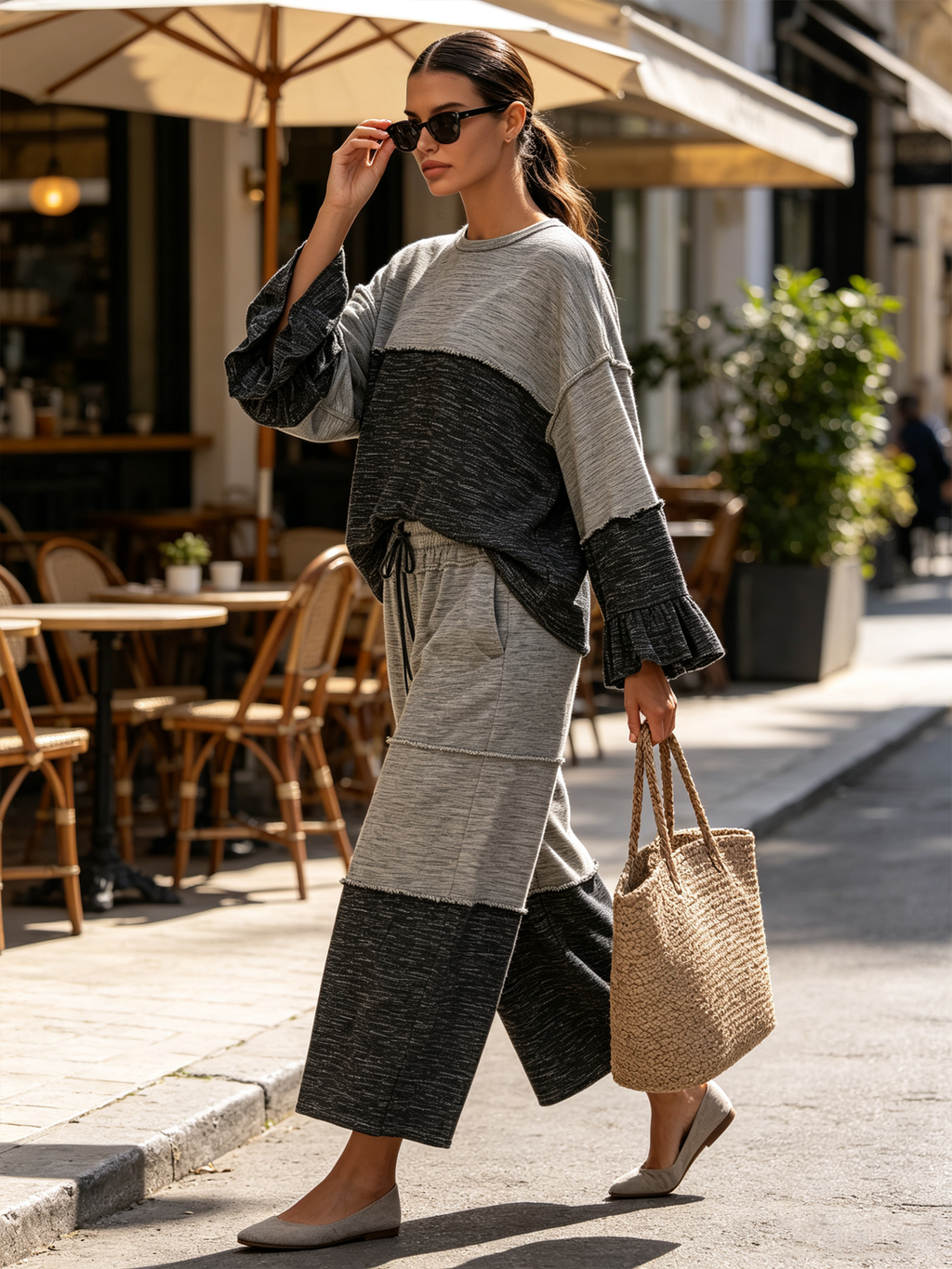 Grey Color Block Raw Edge Loungewear Set, Loose Ruffle Sleeve Top & Wide Leg Pants Two Piece Outfit