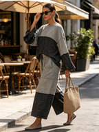 Grey Color Block Raw Edge Loungewear Set, Loose Ruffle Sleeve Top & Wide Leg Pants Two Piece Outfit