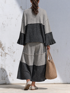 Grey Color Block Raw Edge Loungewear Set, Loose Ruffle Sleeve Top & Wide Leg Pants Two Piece Outfit