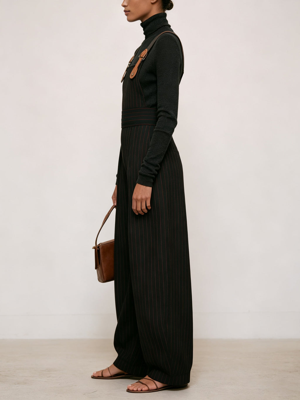 Pinstripe Wide-Leg Bib Overalls With Adjustable Straps