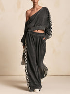 Wash Effect Off‑Shoulder Checkerboard Stripe Crop Top & Wide Leg Pants 2‑Piece Set