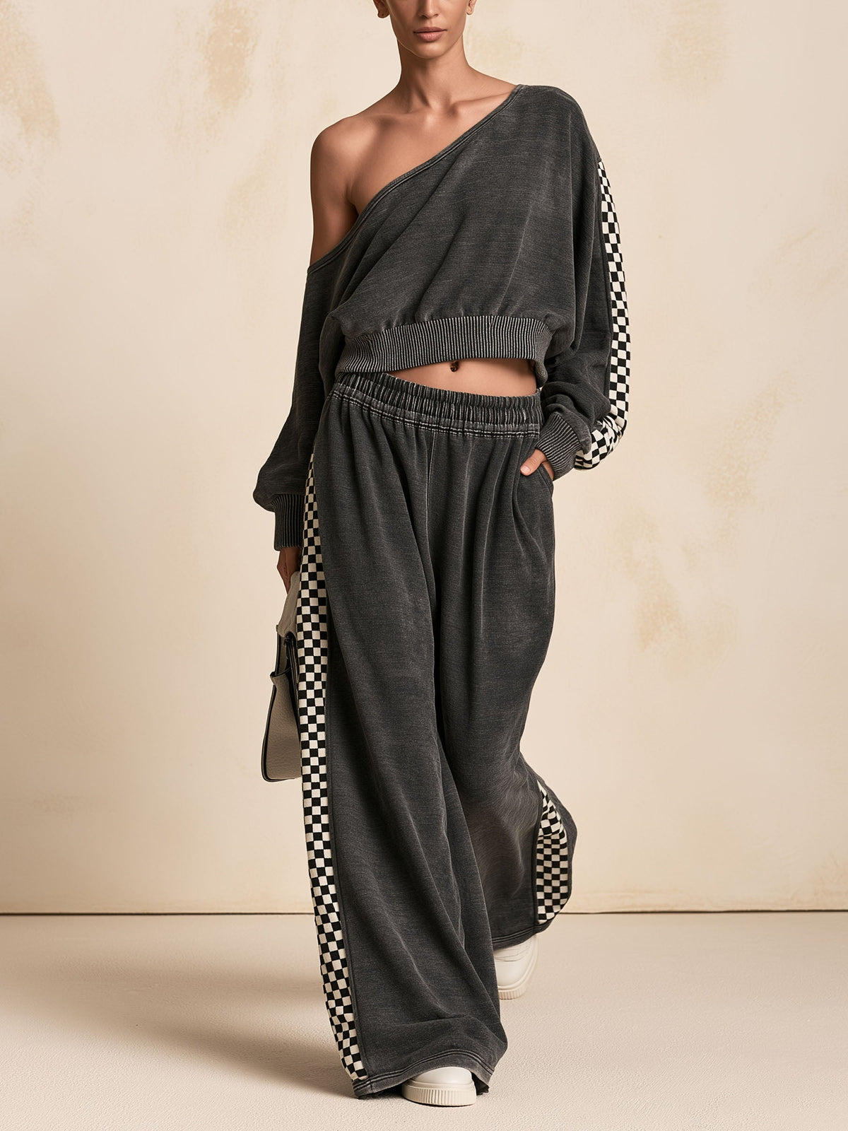 Wash Effect Off‑Shoulder Checkerboard Stripe Crop Top & Wide Leg Pants 2‑Piece Set