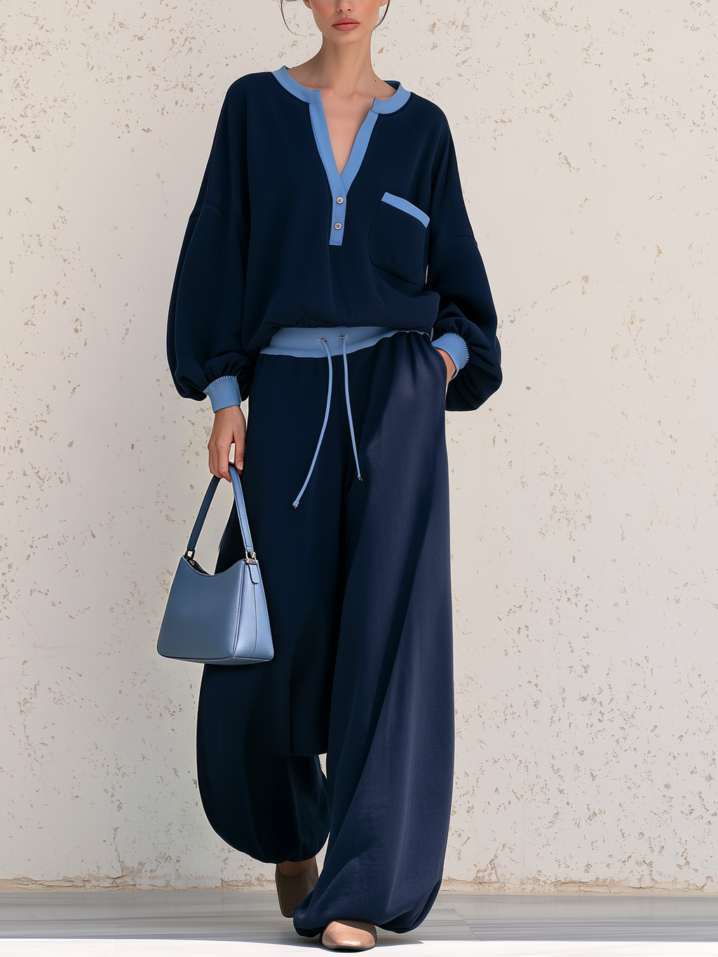 Contrast Trim V‑Neck Knit Top & Drawstring Wide‑Leg Pants Two‑Piece Set
