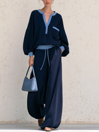 Contrast Trim V‑Neck Knit Top & Drawstring Wide‑Leg Pants Two‑Piece Set