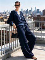 Contrast Trim V‑Neck Knit Top & Drawstring Wide‑Leg Pants Two‑Piece Set