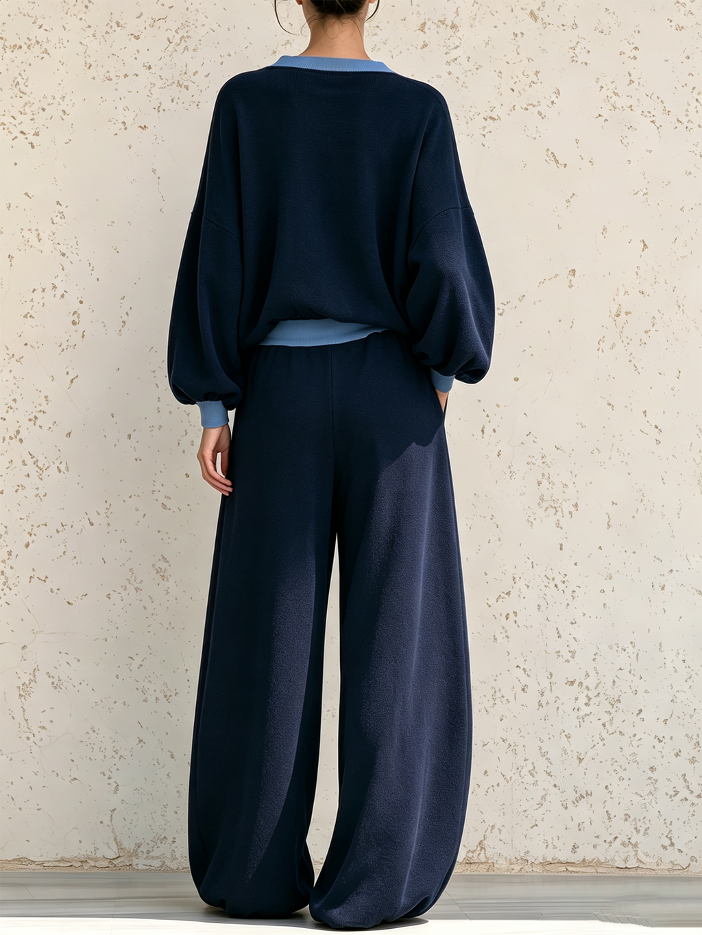 Contrast Trim V‑Neck Knit Top & Drawstring Wide‑Leg Pants Two‑Piece Set