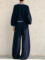 Contrast Trim V‑Neck Knit Top & Drawstring Wide‑Leg Pants Two‑Piece Set