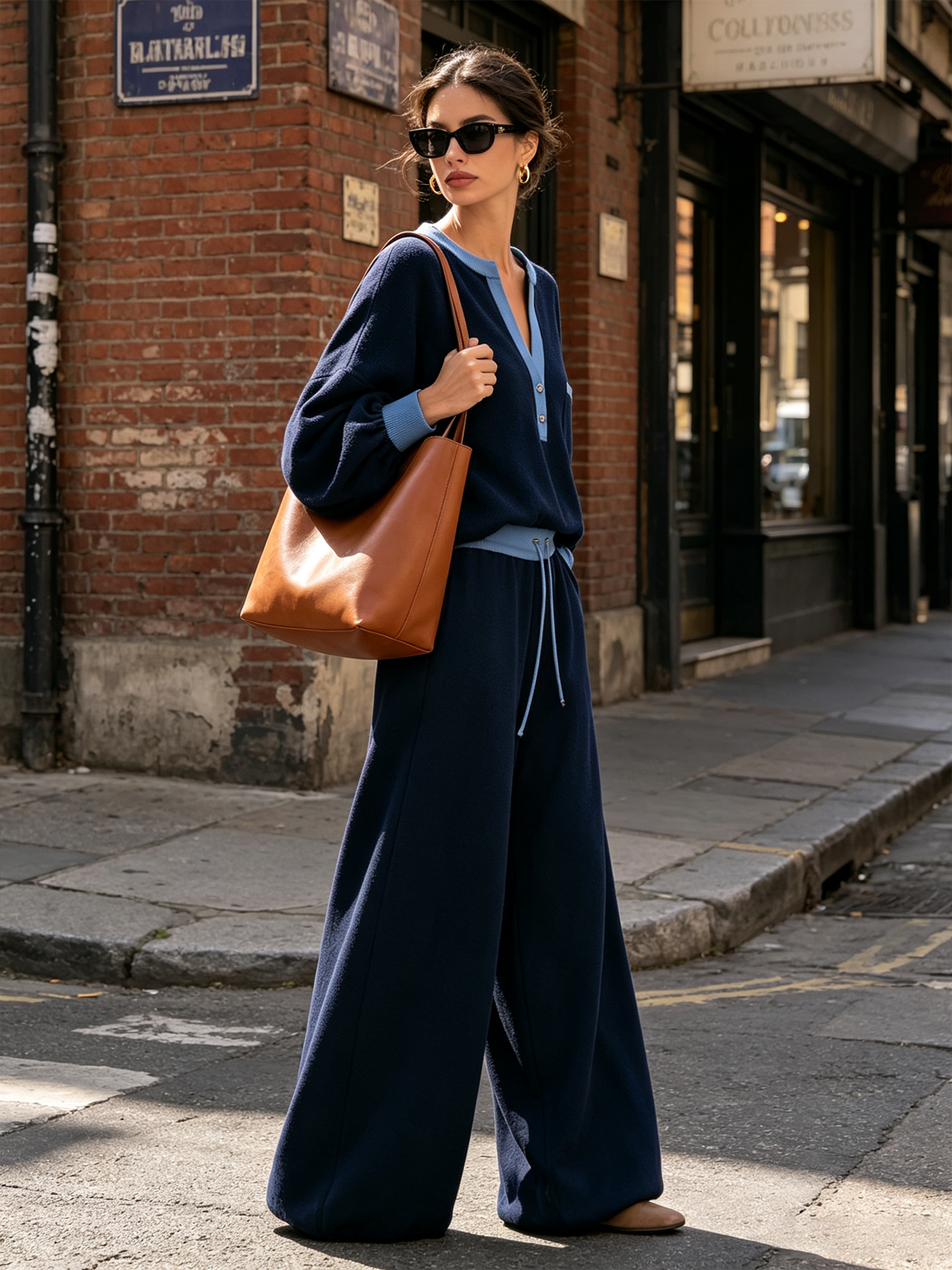 Contrast Trim V‑Neck Knit Top & Drawstring Wide‑Leg Pants Two‑Piece Set