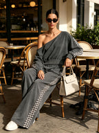 Wash Effect Off‑Shoulder Checkerboard Stripe Crop Top & Wide Leg Pants 2‑Piece Set