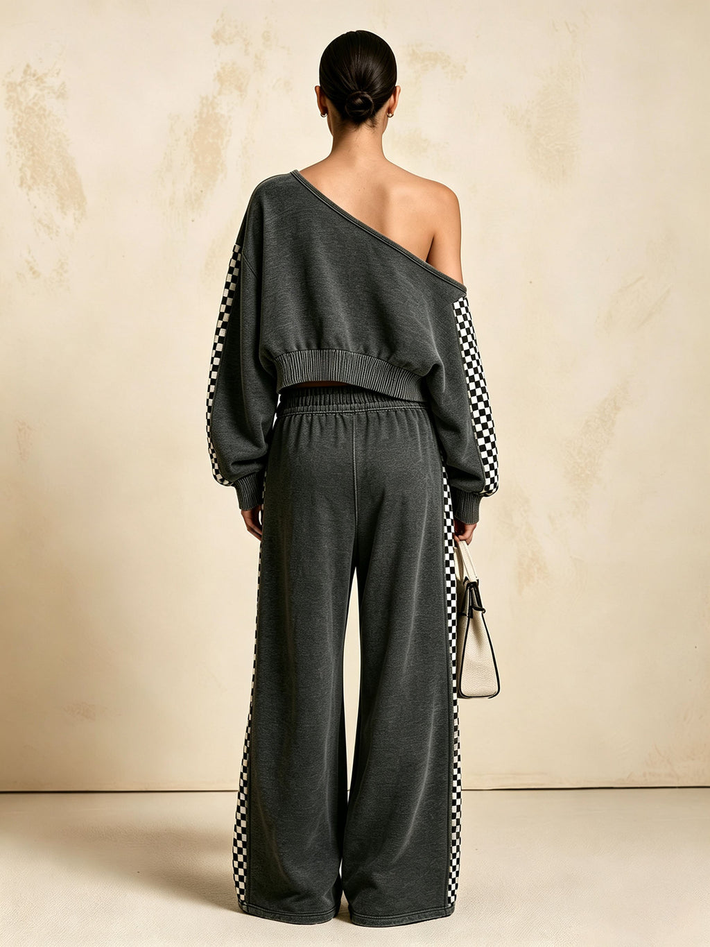 Wash Effect Off‑Shoulder Checkerboard Stripe Crop Top & Wide Leg Pants 2‑Piece Set