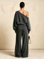 Wash Effect Off‑Shoulder Checkerboard Stripe Crop Top & Wide Leg Pants 2‑Piece Set
