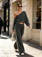 Wash Effect Off‑Shoulder Checkerboard Stripe Crop Top & Wide Leg Pants 2‑Piece Set