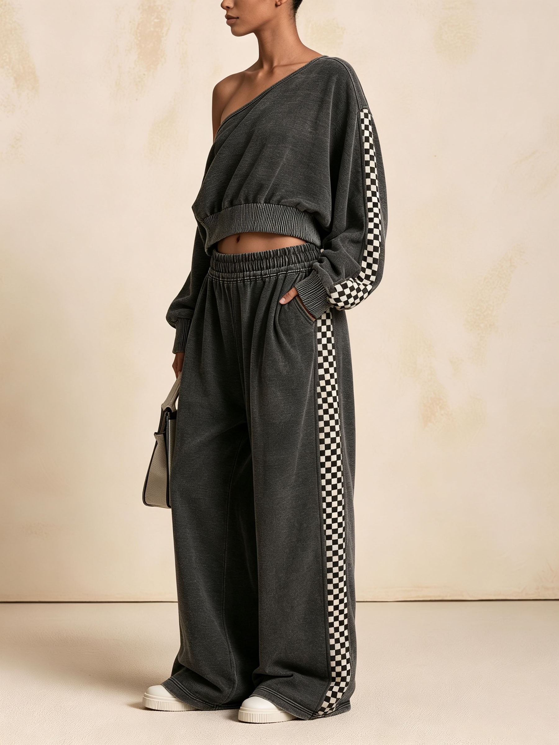 Wash Effect Off‑Shoulder Checkerboard Stripe Crop Top & Wide Leg Pants 2‑Piece Set